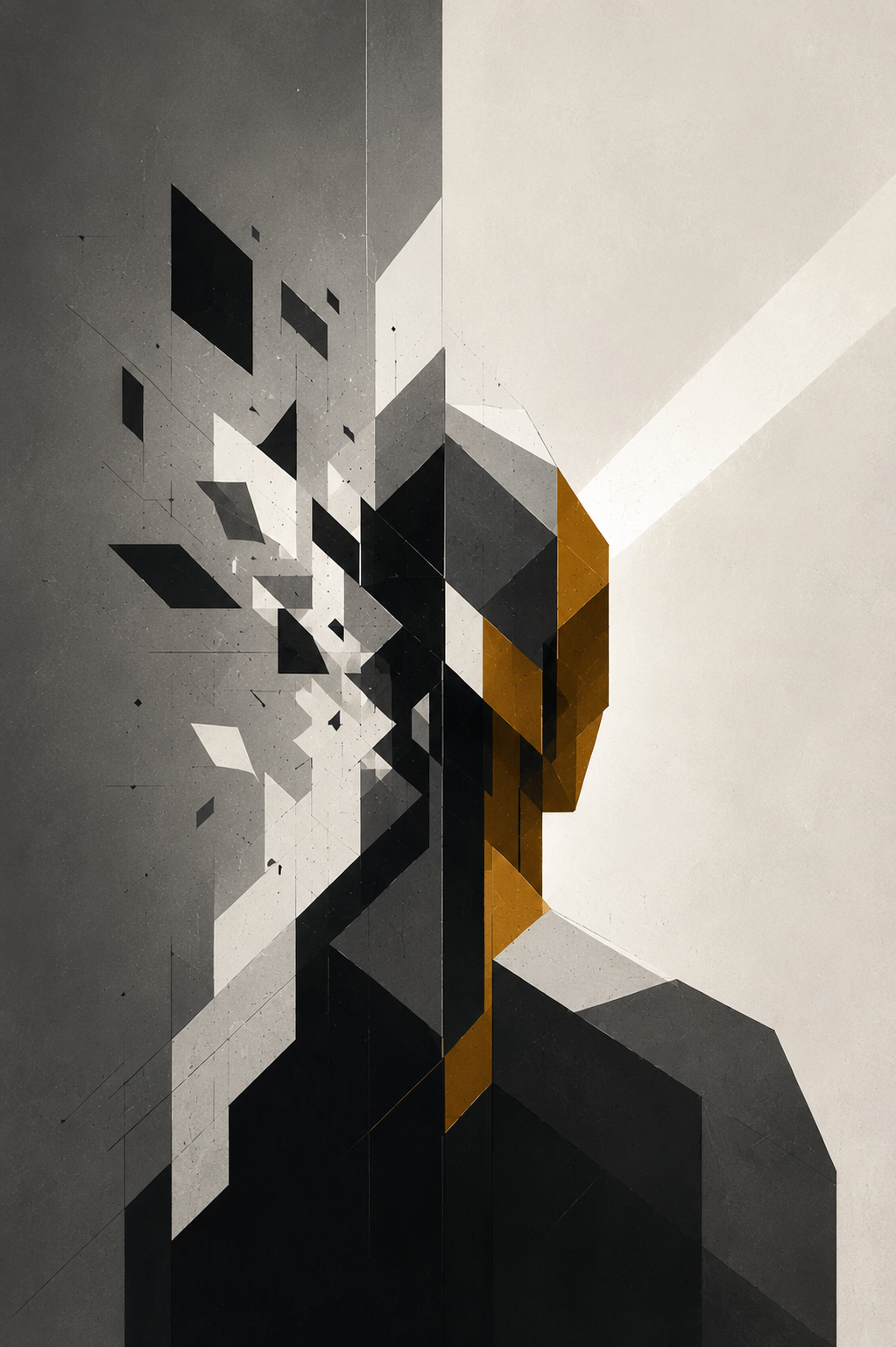 Identity reconstruction: fragmented form reassembling with light breaking through — symbolic of the work